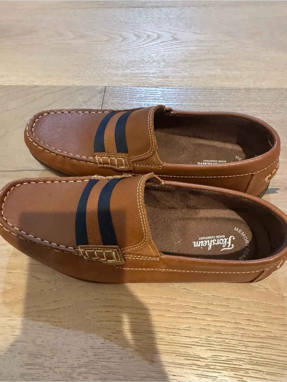 Florsheim Boys Tan Leather Driving Loafers with Navy Stripes